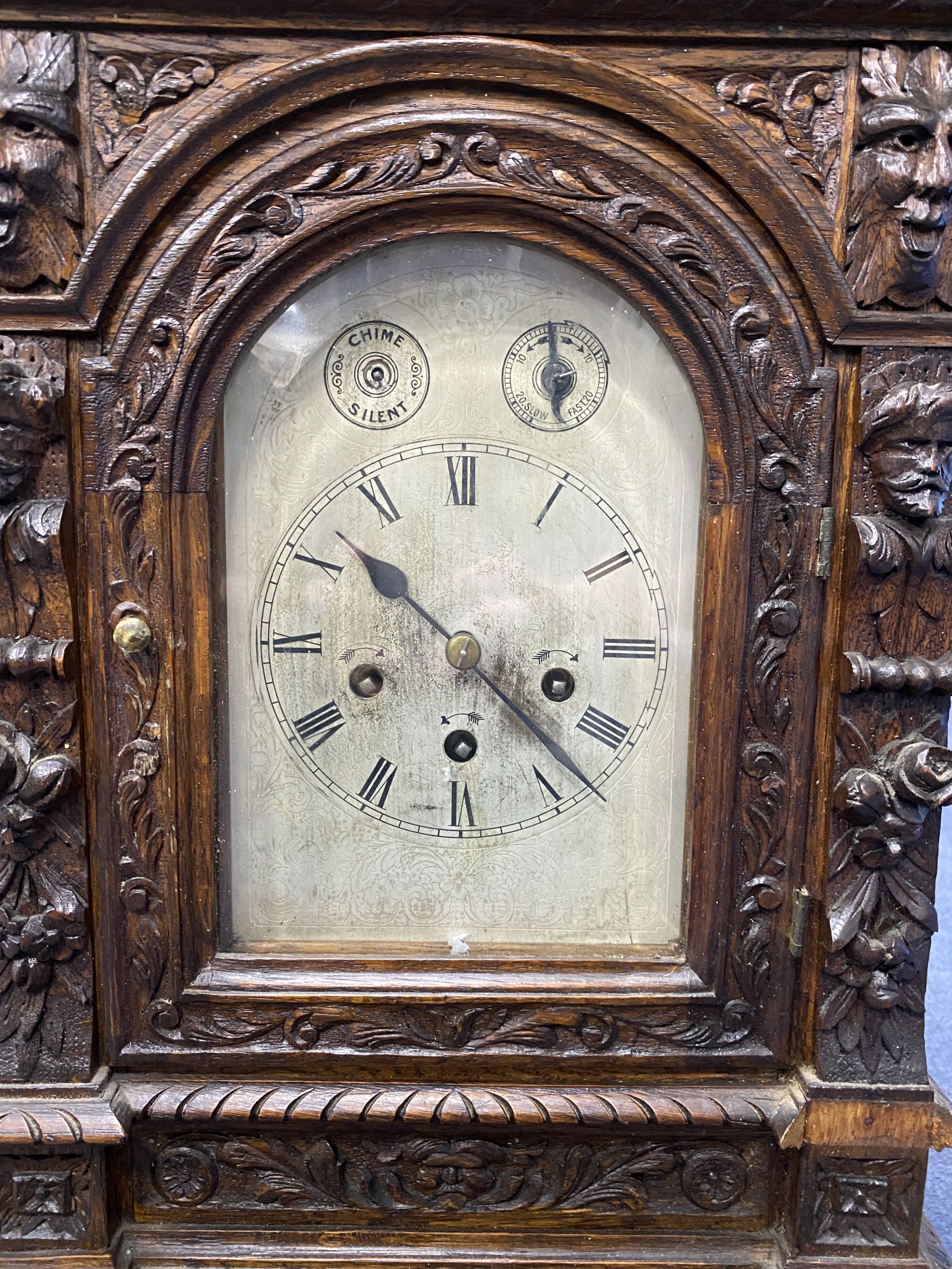 A Victorian oak mantel clock, height 50cm